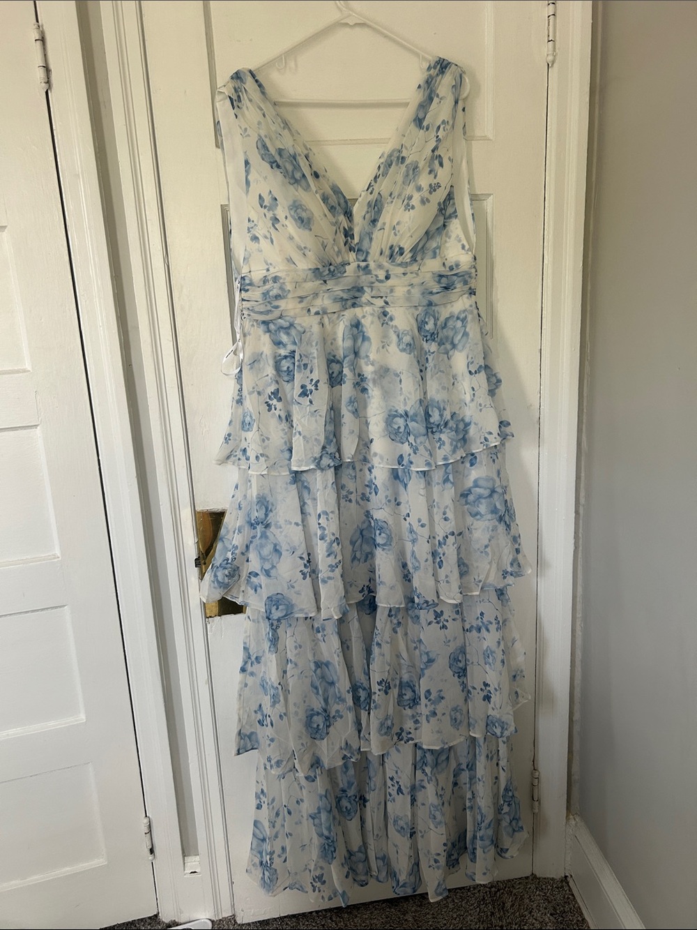 Blue and White Floral Tiered V-Neck Maxi Dress